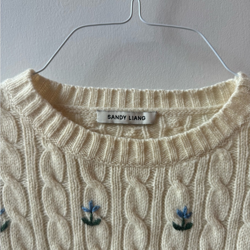 Sandy Liang Floral Embroidered Cable Knit Crop Half Sweater in Panna Cotta, S - Picture 5 of 9